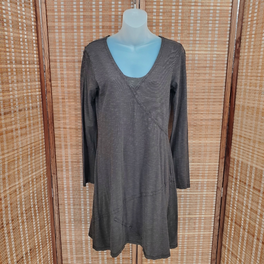 ♡ Horny Toad Heather Brown Oblique V Dress Scoop Neck Long Sleeve Size Small